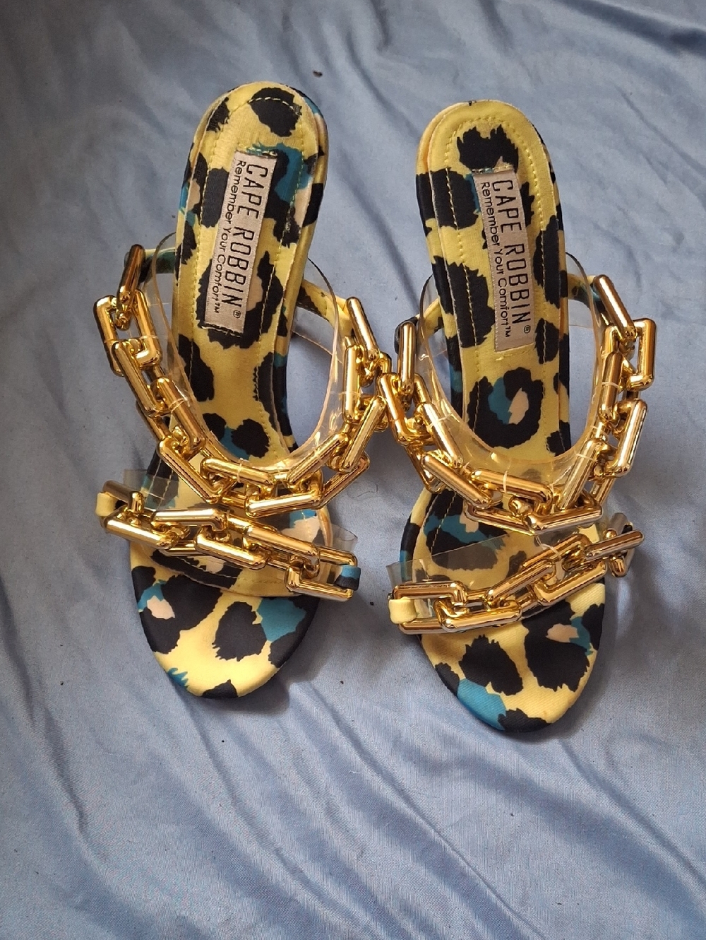 Cape Robbin Yellow and Blue Leopard Chain Slide Sandals